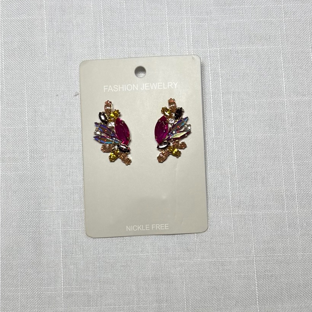 Multicolor Crystal Statement Stud Earrings Pink Yellow Rhinestone Cluster - Picture 4 of 5